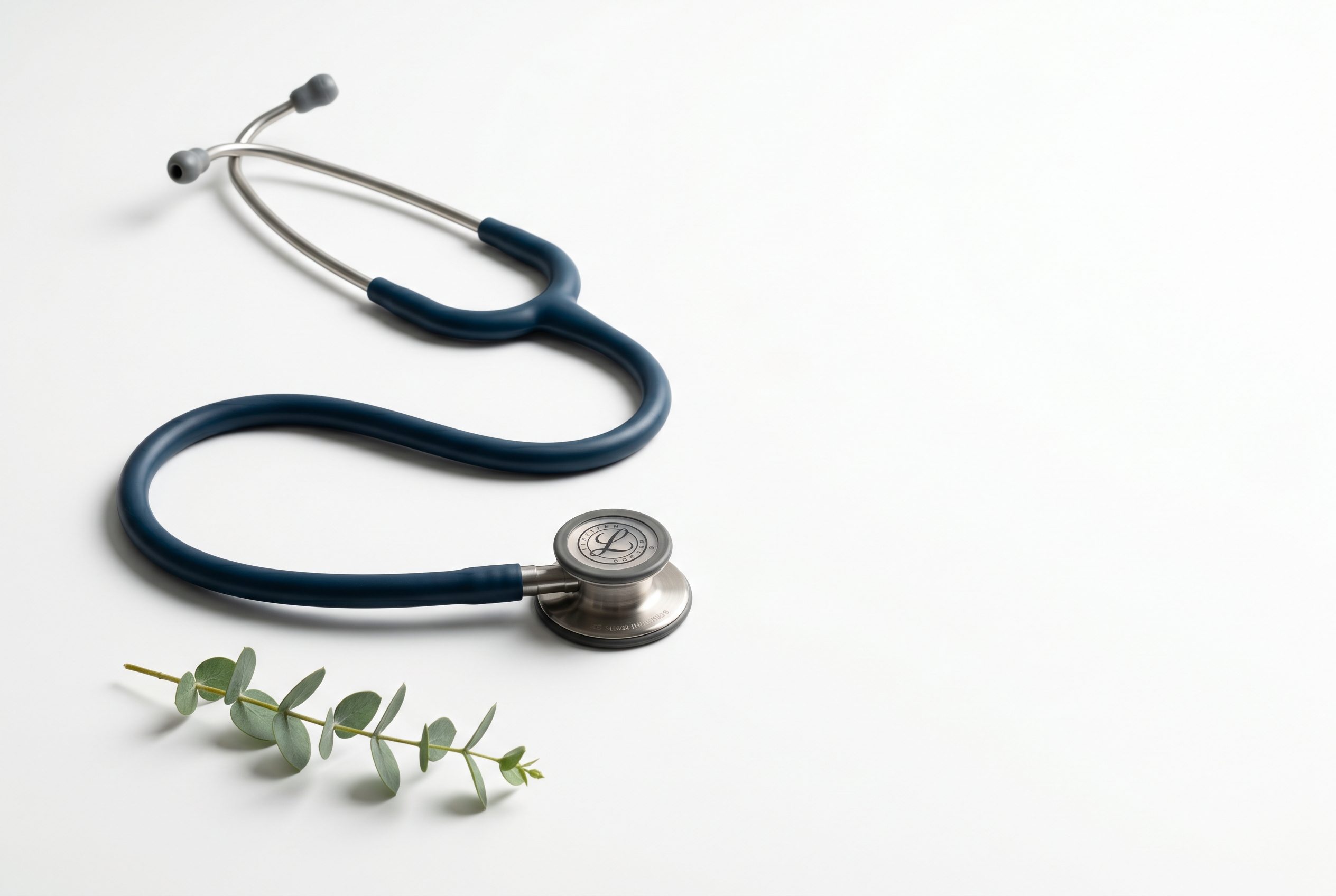 Symbolbild: modernes Stethoskop mit Eukalyptus-Zweig auf hellem Hintergrund