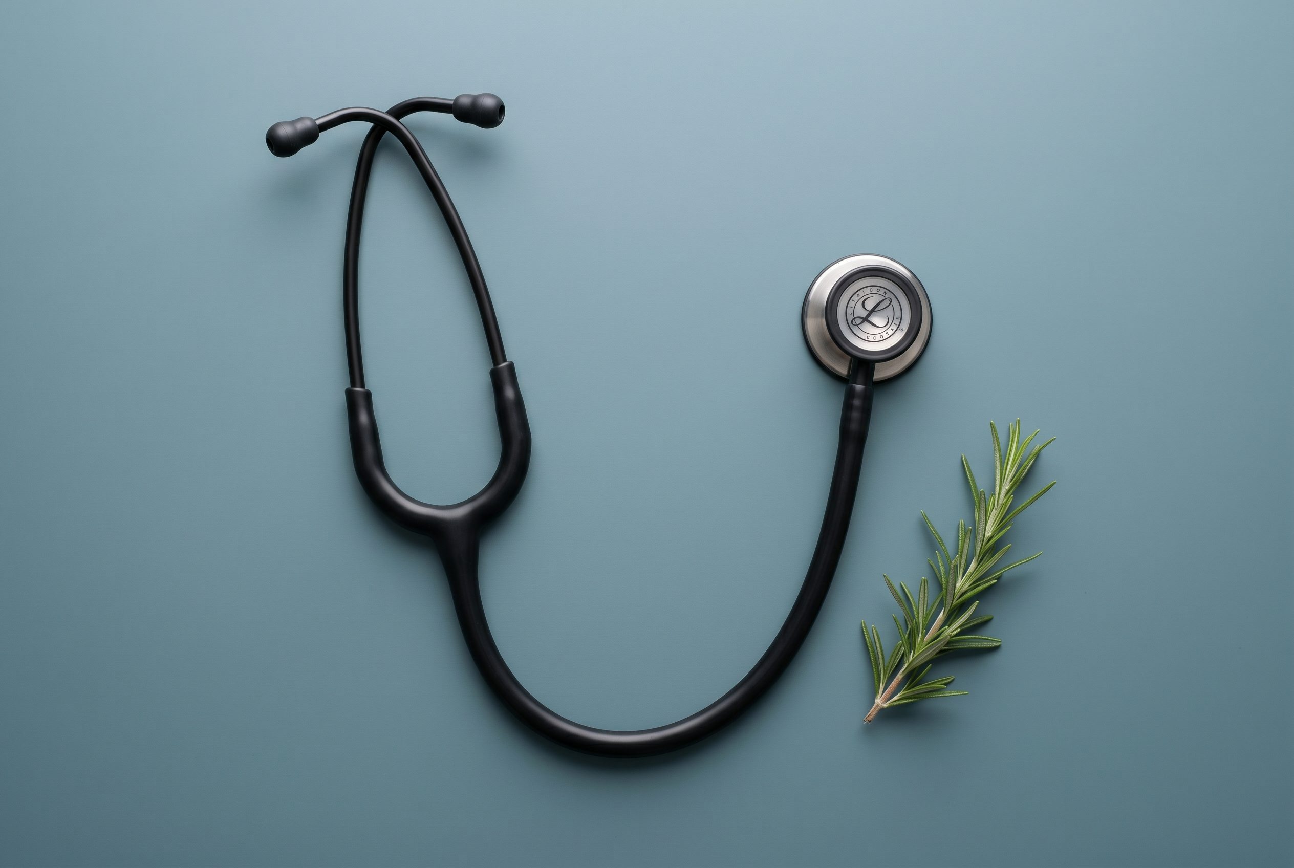 Symbolbild Allgemeinmedizin: modernes Stethoskop mit frischem Rosmarin-Zweig auf petrolblauem Untergrund