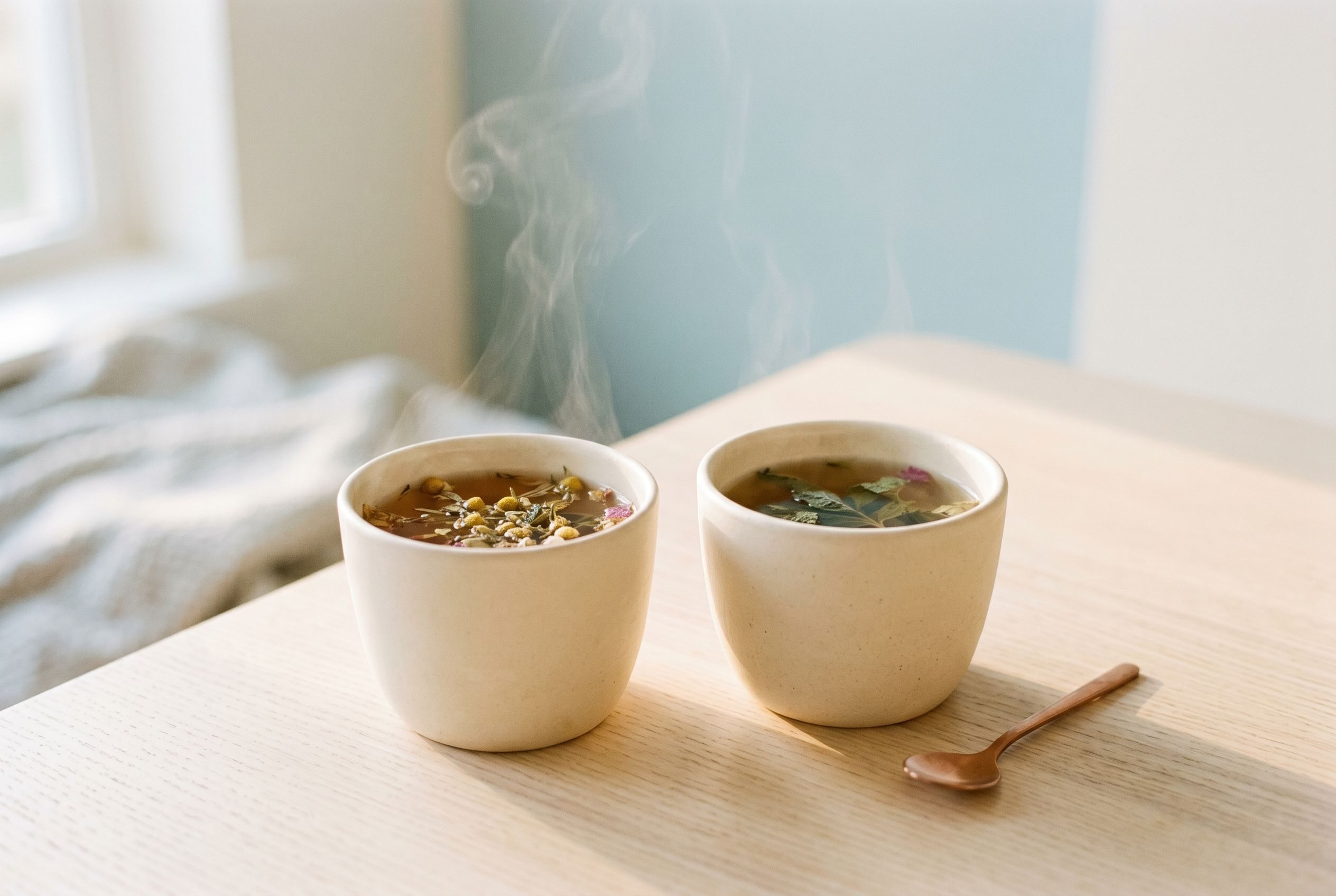 Symbolbild: zwei Keramiktassen mit Kräutertee im weichen Tageslicht