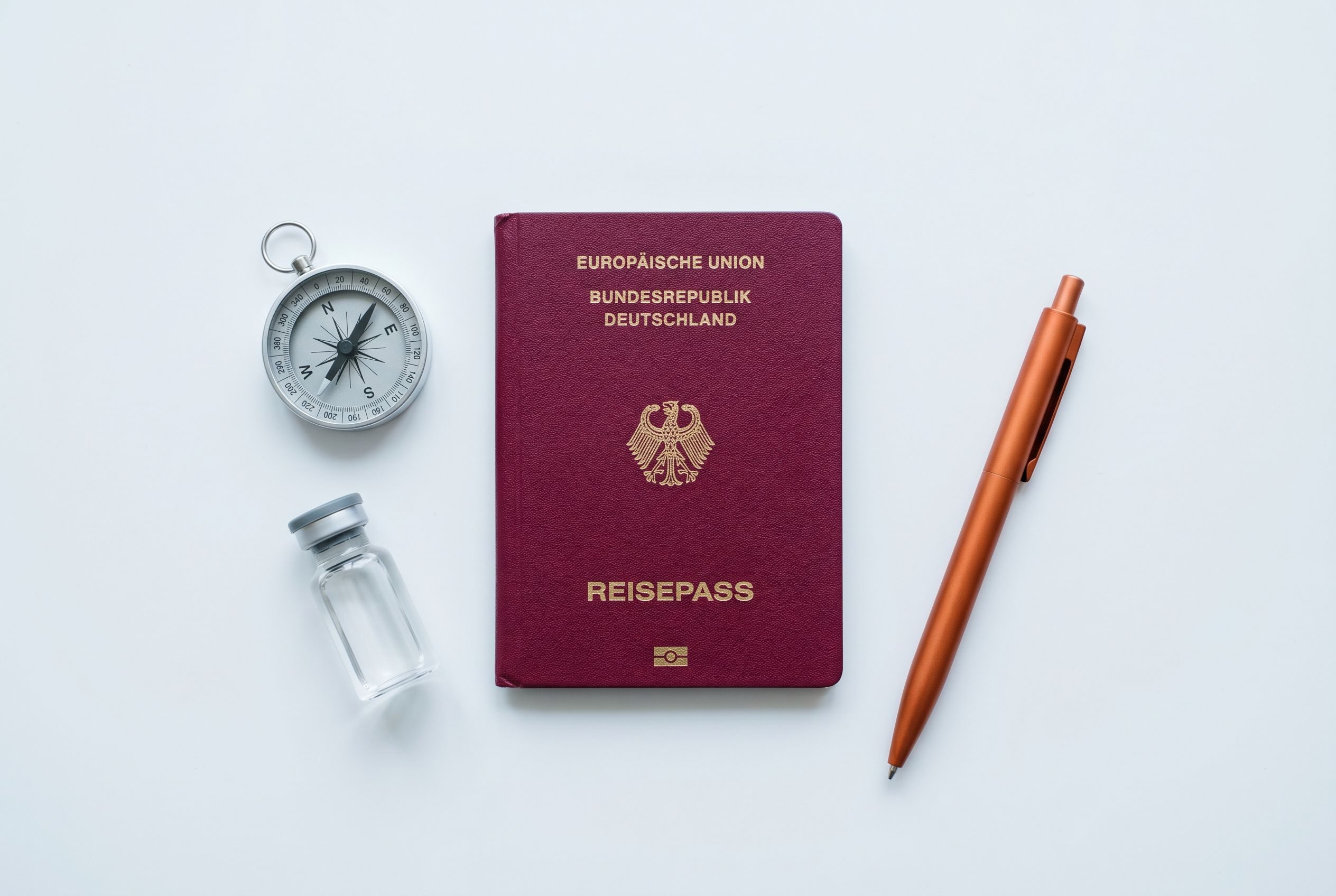 Symbolbild Reisemedizin: Reisepass, Kompass, Impfampulle und Kupferstift auf hellem Untergrund